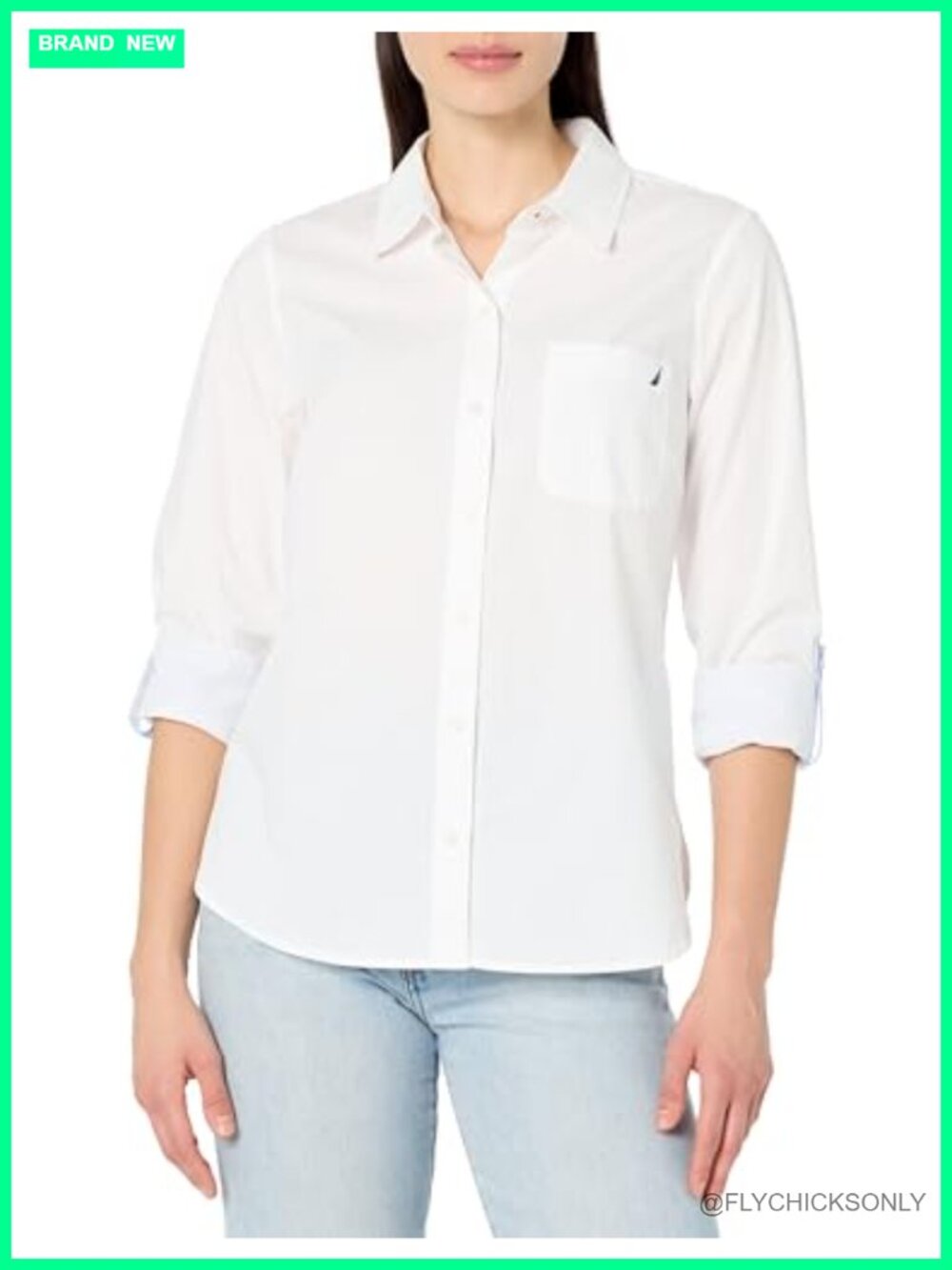Nautica Women's Button Front Long Sleeve Roll Tab Shirt Collared Blouse